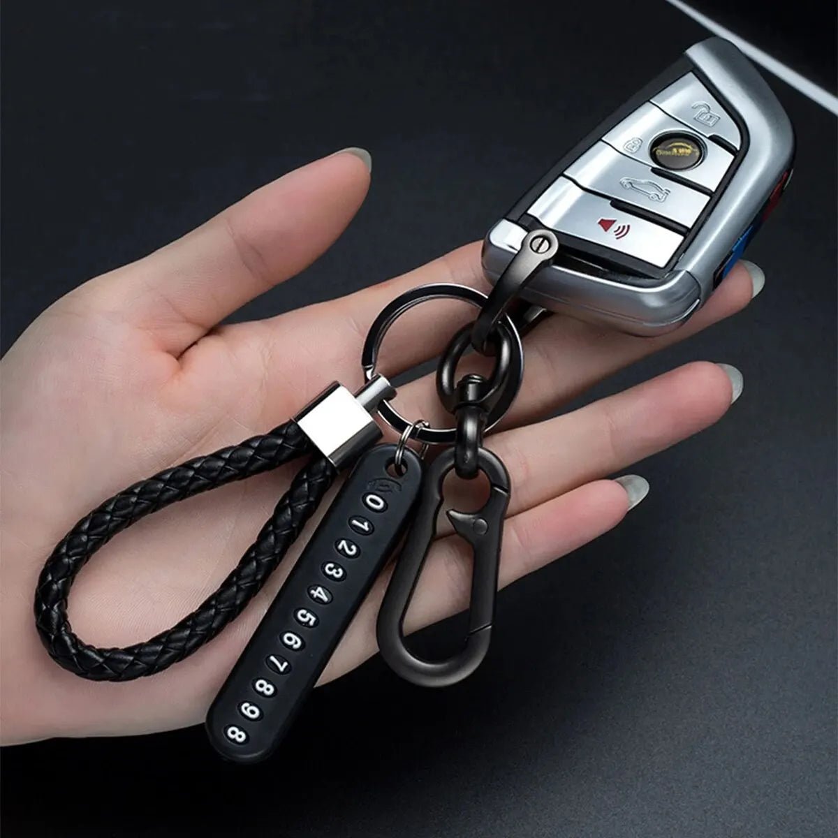 Woven Leather Keychain with Parking Phone Number Plate