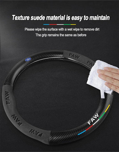 FAW Besturn Carbon Fiber Suede Steering Wheel Cover - D Black-Carbon+Suede