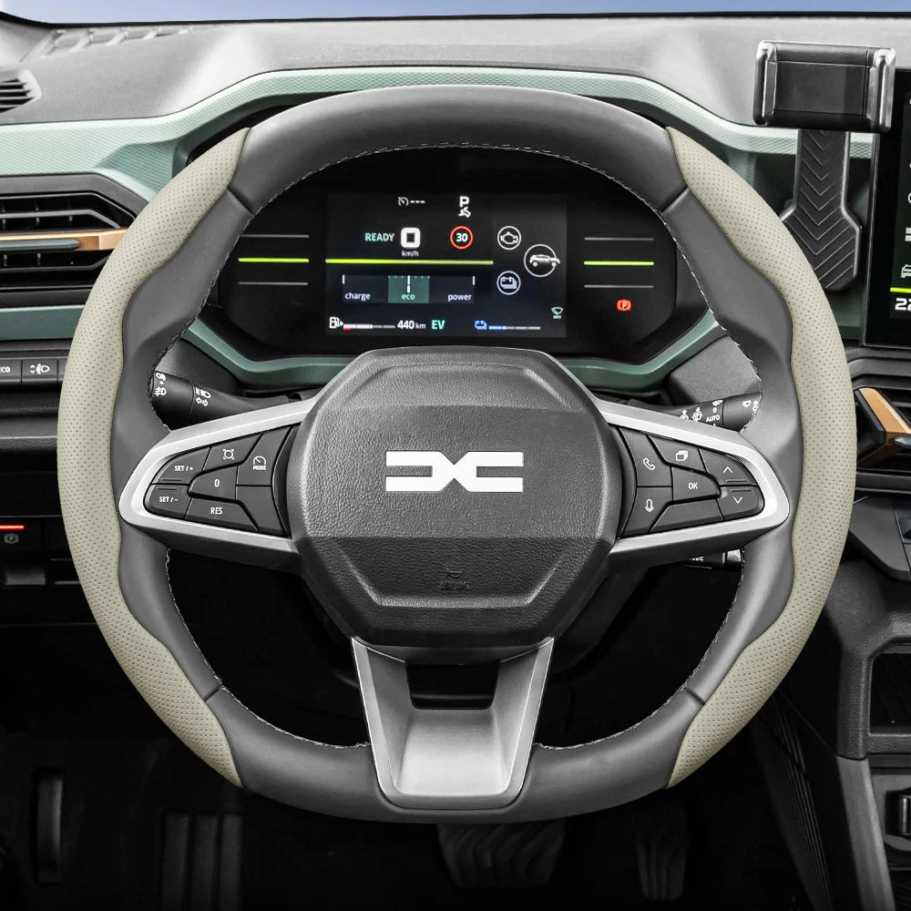 Dacia Breathable Leather Steering Wheel Cover - Oval Shape / 2-Piece Set / Beige