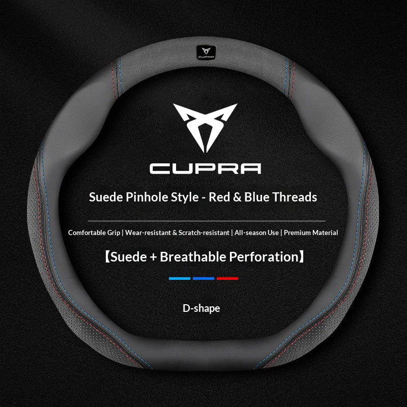 Cupra Suede and Leather Steering Wheel Cover - Round Shape / Suede Red & Blue