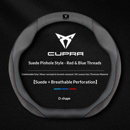 Cupra Suede and Leather Steering Wheel Cover - Round Shape / Suede Red & Blue