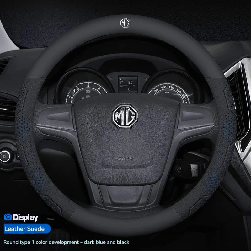 MG Carbon Fibre Steering Wheel Cover - Round Shape / Leather Blue