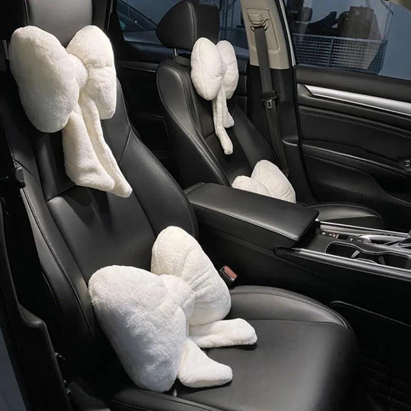 Plush Bowknot Car Headrest Pillow - Neck Support Cushion Auto Seat