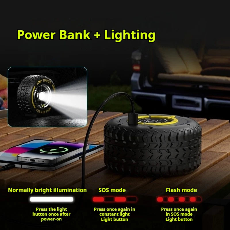 5-in-1 Portable Car Tire Inflator & Emergency Jump Starter – Multi-Function Air Pump