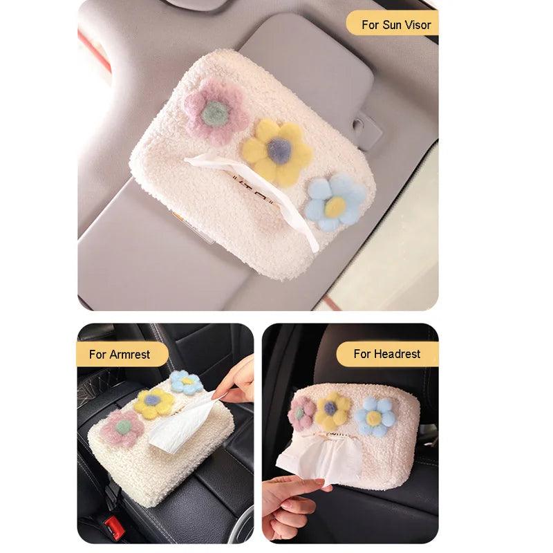 Cartoon Plush Flower Car Headrest Tissue Box Holder Visor Organizer