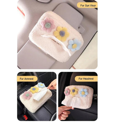 Cartoon Plush Flower Car Headrest Tissue Box Holder Visor Organizer