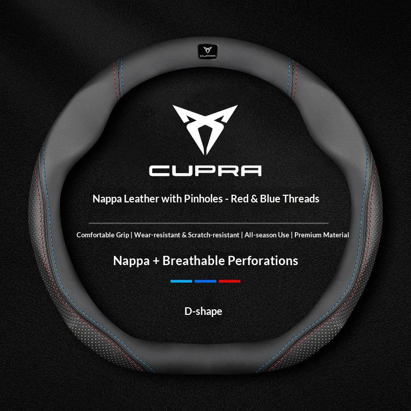 Cupra Suede and Leather Steering Wheel Cover - Round Shape / Leather Red & Blue