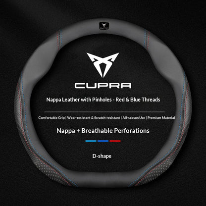 Cupra Suede and Leather Steering Wheel Cover - Round Shape / Leather Red & Blue