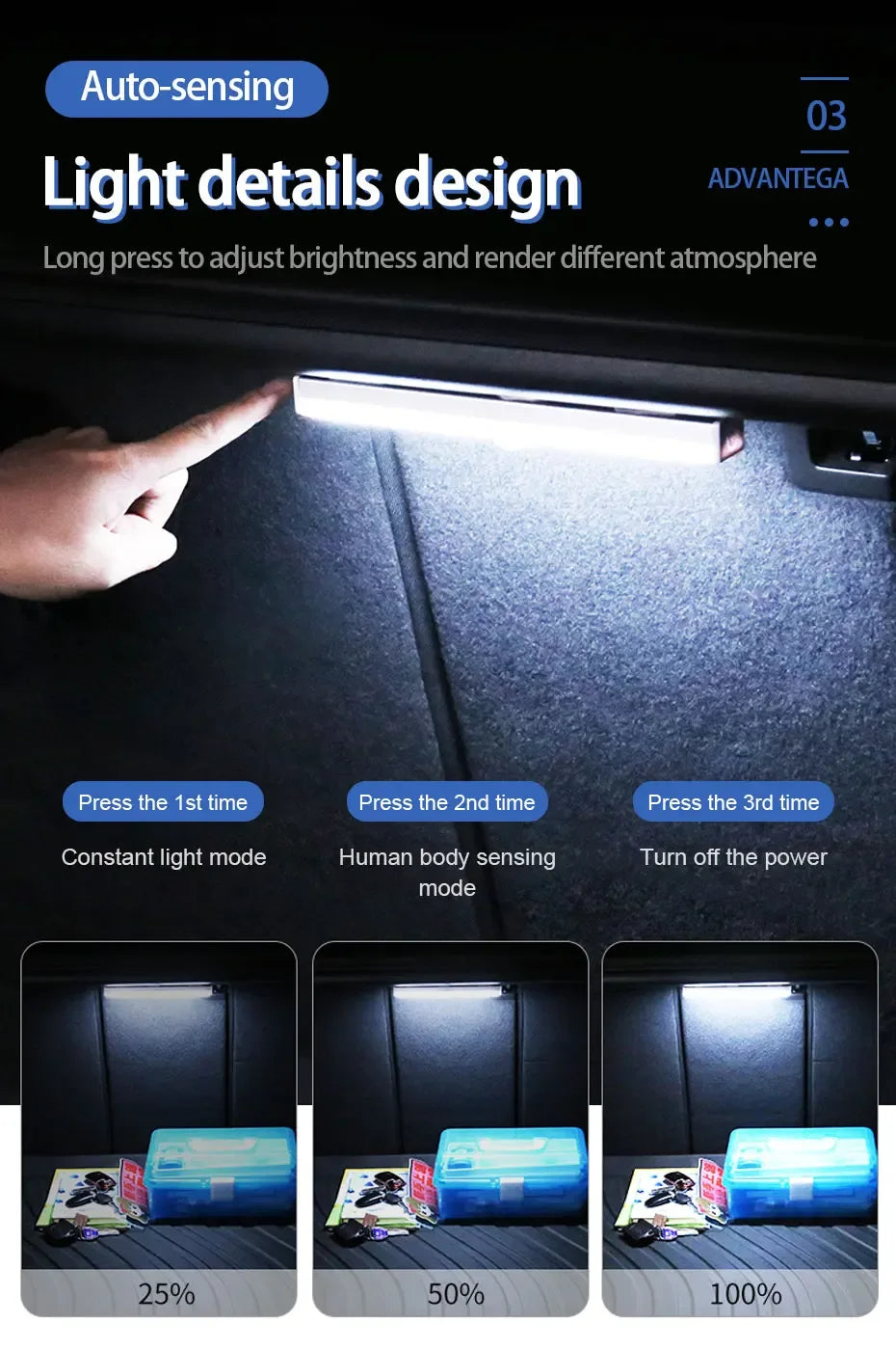 USB Rechargeable Car Sensor Light - Magnetic LED Bar - 10cm