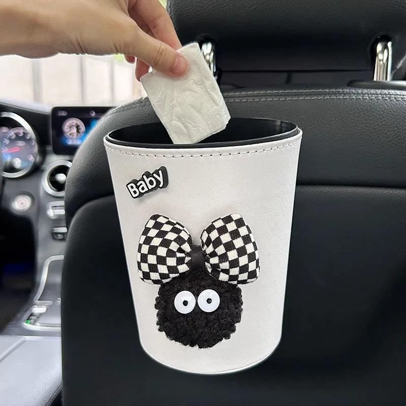 2pc Leather Car Trash Bin Cartoon Coal Ball Headrest Organizer Bag