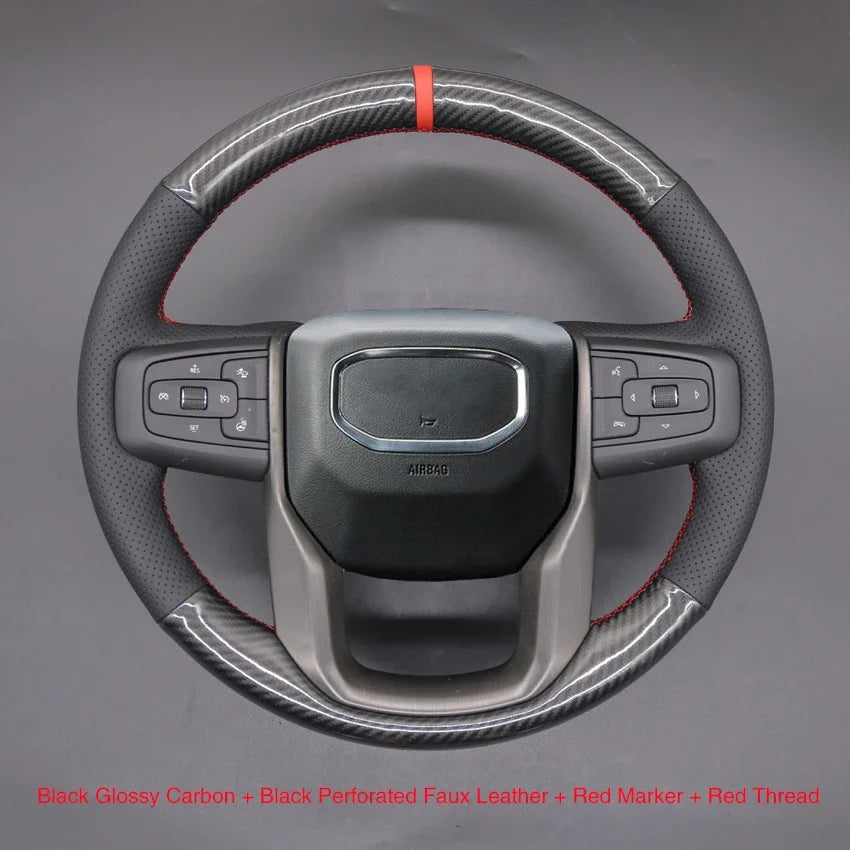 GMC Hand-Stitched Steering Wheel Cover - Round Shape / Faux Carbon Leather