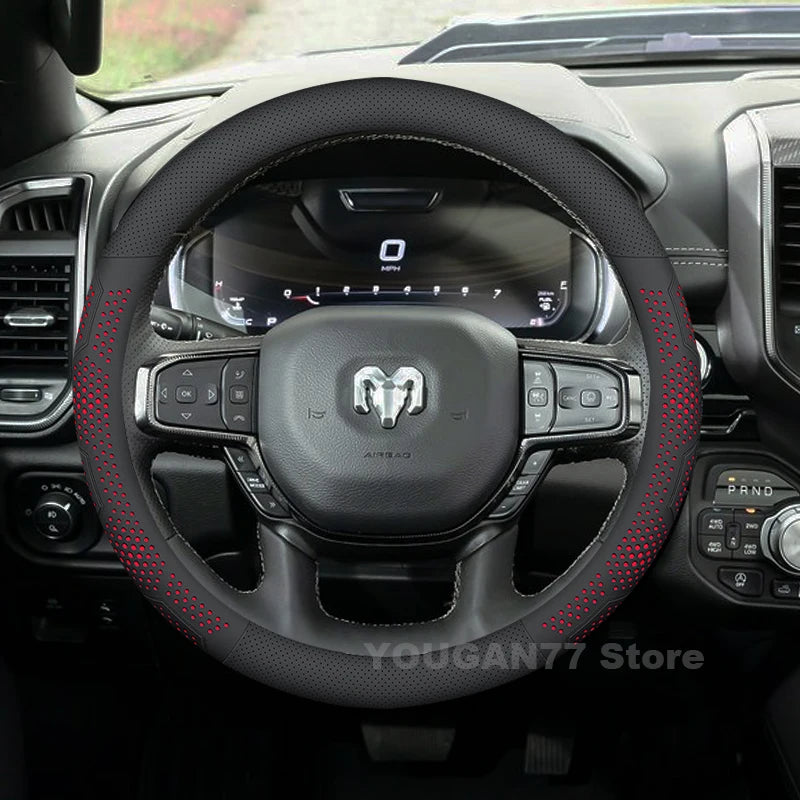 RAM Anti-Slip Leather Steering Wheel Cover - Round Shape / Red