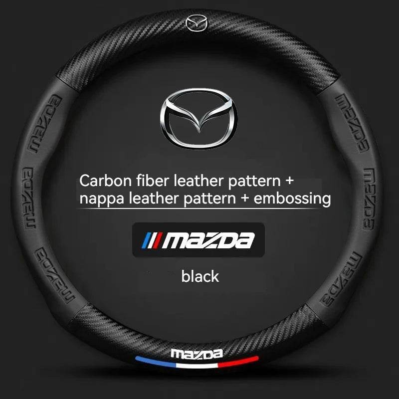 Mazda Carbon Fiber Leather Steering Wheel Cover – Fits 3, 5, 6, CX-5, CX-30, MX-5, RX-8, BT-50 - Carbon fiber