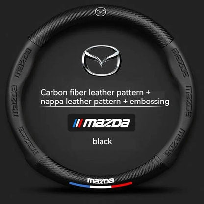 Mazda Carbon Fiber Leather Steering Wheel Cover – Fits 3, 5, 6, CX-5, CX-30, MX-5, RX-8, BT-50 - Carbon fiber