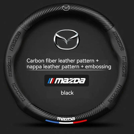 Mazda Carbon Fiber Leather Steering Wheel Cover – Fits 3, 5, 6, CX-5, CX-30, MX-5, RX-8, BT-50 - Carbon fiber
