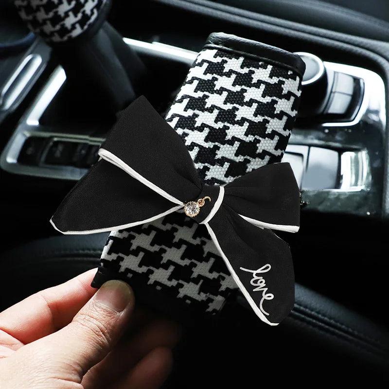 Classic Plaid Bowknot Car Gear Shifter Handbrake Seat Belt Cover Set