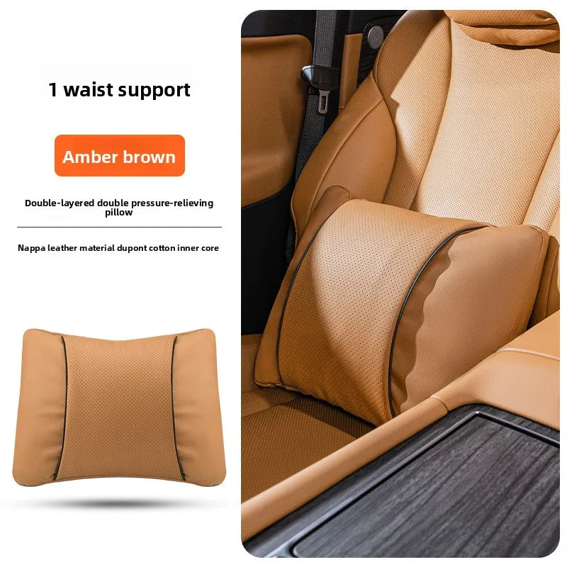 Leather Car Headrest Neck Pillow with Breathable Lumbar Support
