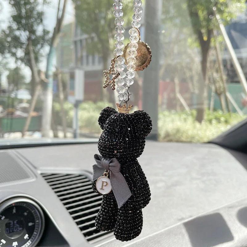 Diamond Crystal Bow Bear Car Mirror Pendant - Bling Auto Ornament