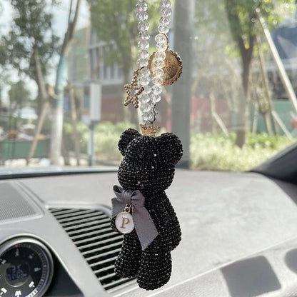 Diamond Crystal Bow Bear Car Mirror Pendant - Bling Auto Ornament