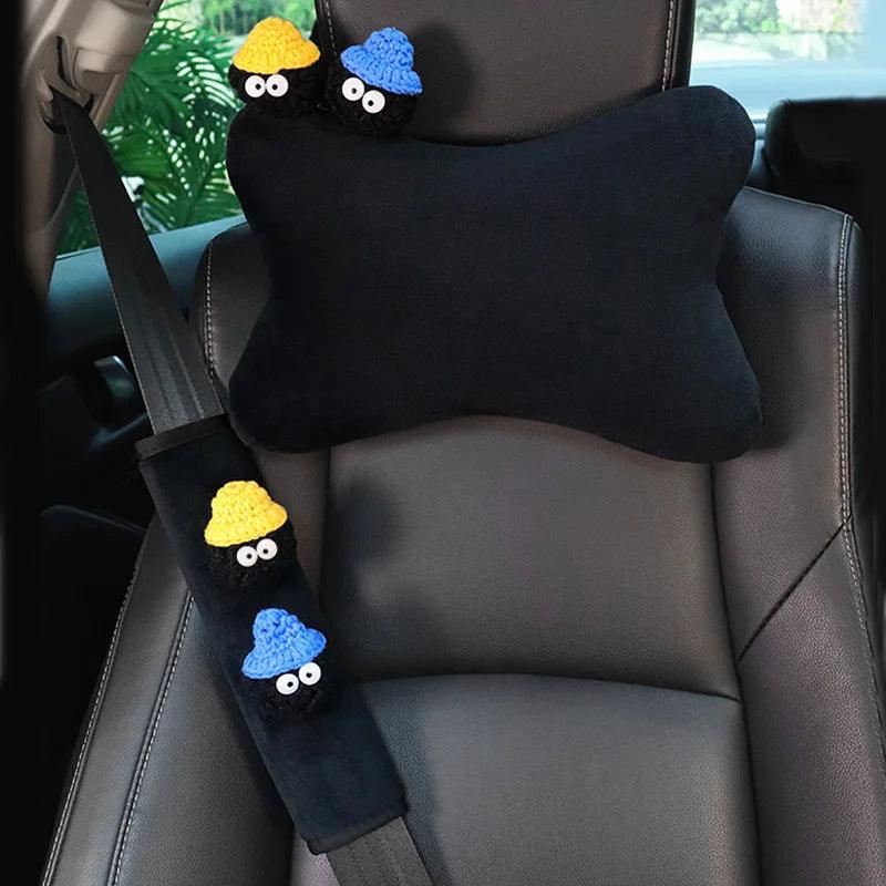 Ice Silk Mesh Car Headrest Pillow - Cute Cartoon Coal Ball Neck Support