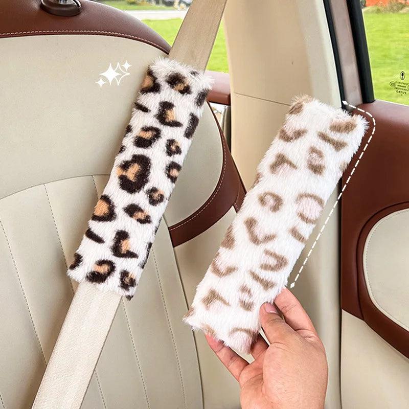 2pcs Leopard Print Plush Seat Belt Shoulder Pads Car Safety
