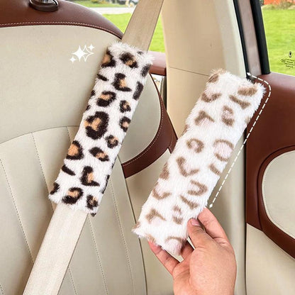 2pcs Leopard Print Plush Seat Belt Shoulder Pads Car Safety