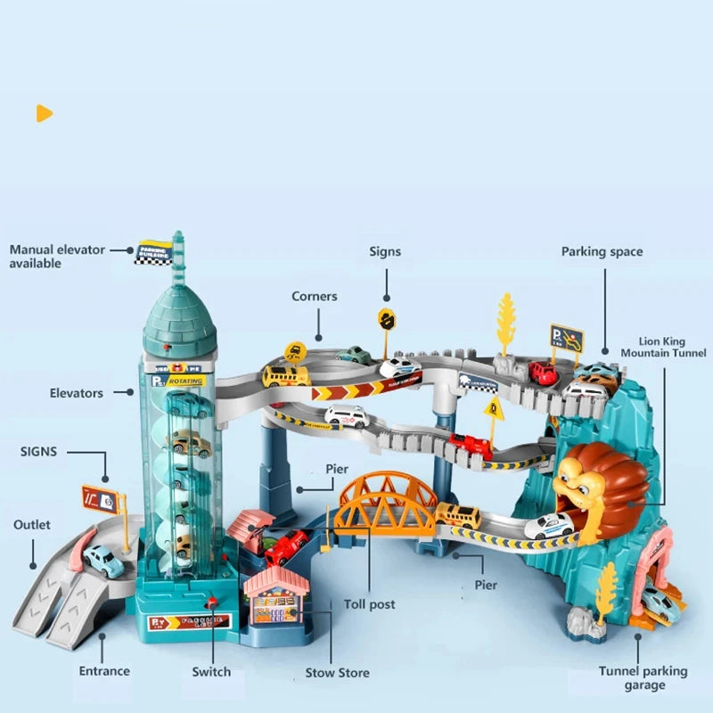 Lion Theme Car Track Playset – Kids Racing Toy with Diecast Cars - 