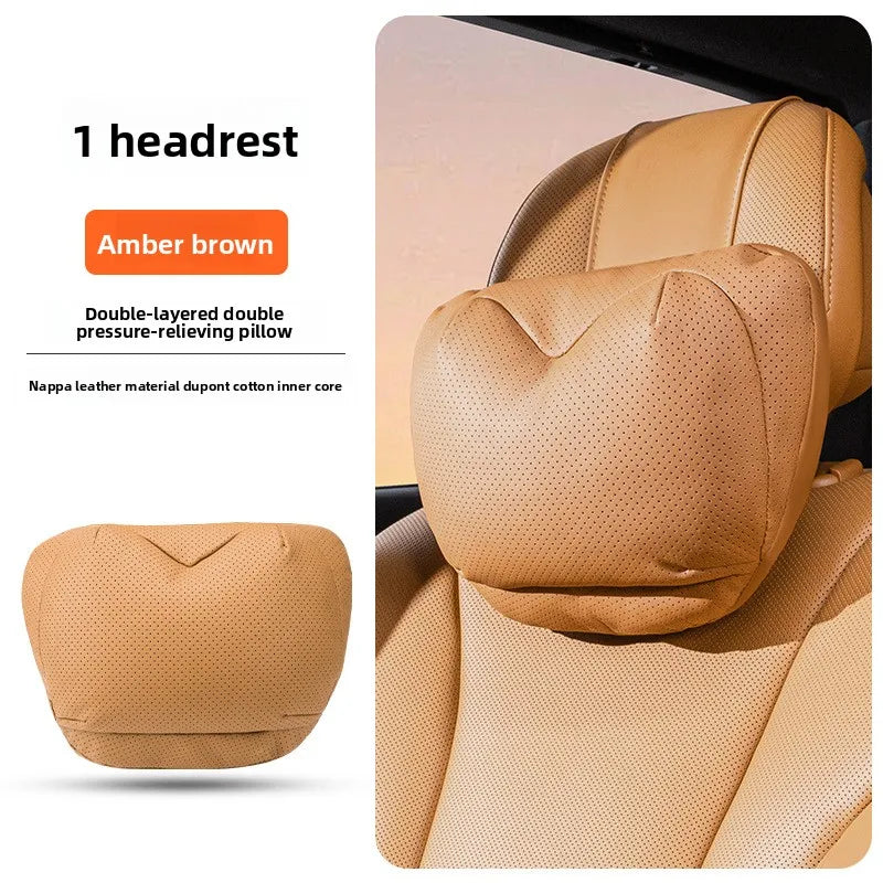 Leather Car Headrest Neck Pillow with Breathable Lumbar Support