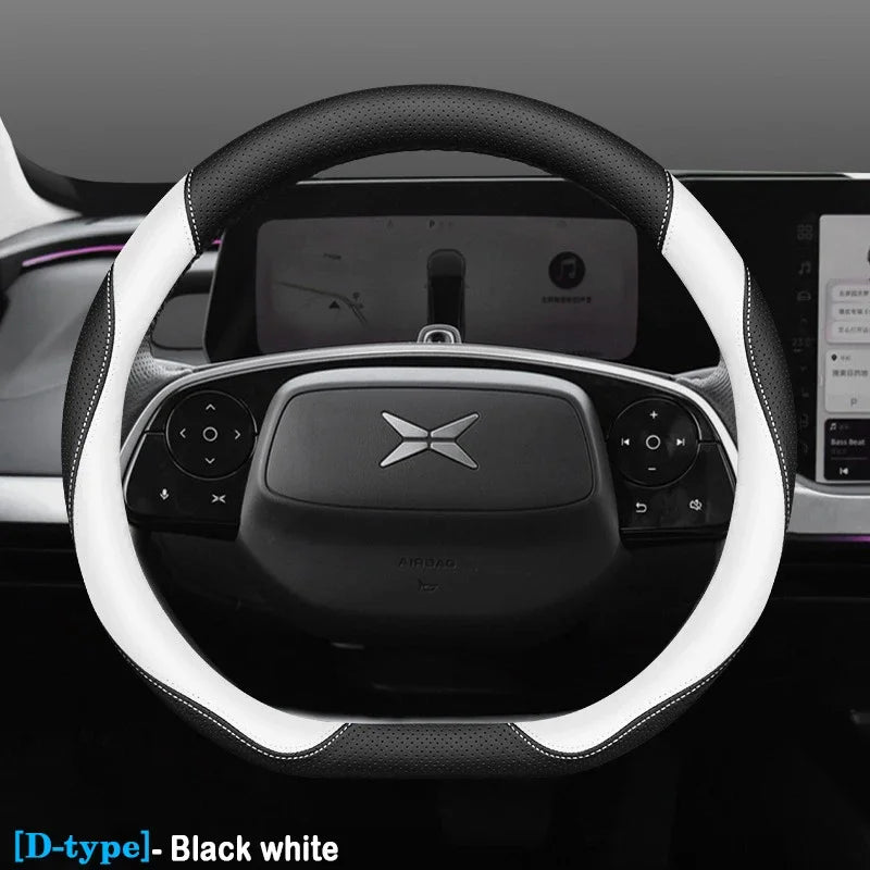 XPeng Ultra-Thin Leather Steering Wheel Cover - D Shape / Black & White