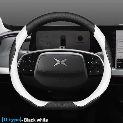 XPeng Ultra-Thin Leather Steering Wheel Cover - D Shape / Black & White