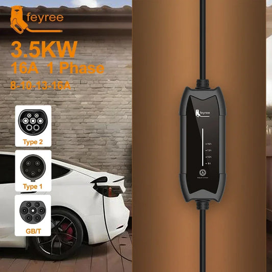 Feyree Portable EV Charger Type 2 16A 3.5KW Adjustable Current 3.5m Cable