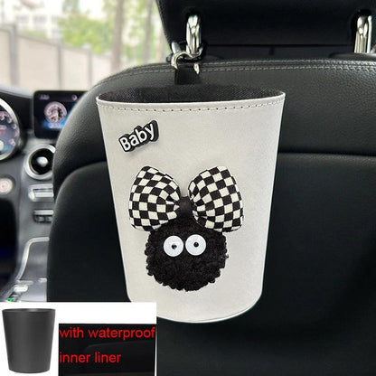 2pc Leather Car Trash Bin Cartoon Coal Ball Headrest Organizer Bag