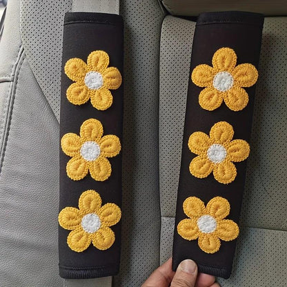 Ice Silk Pink Flower Seat Belt Shoulder Pads - 2pcs Car Safety Set