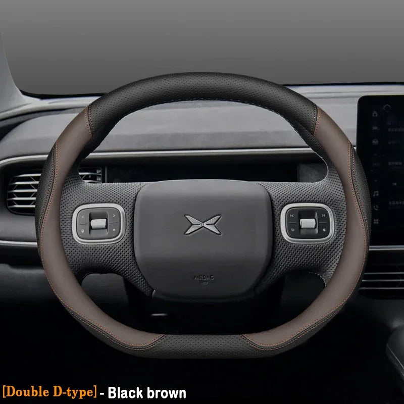 XPeng Ultra-Thin Leather Steering Wheel Cover - Double D Shape / Brown