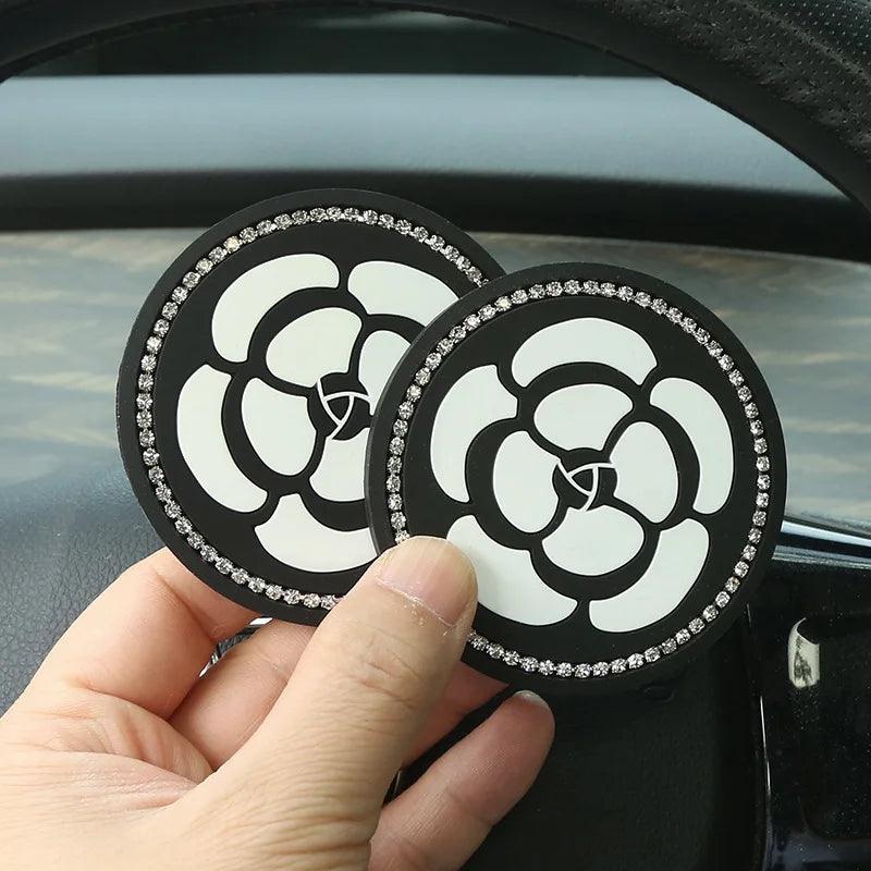 Diamond Camellia Car Cup Holder Mat Non-Slip Interior Pad Women