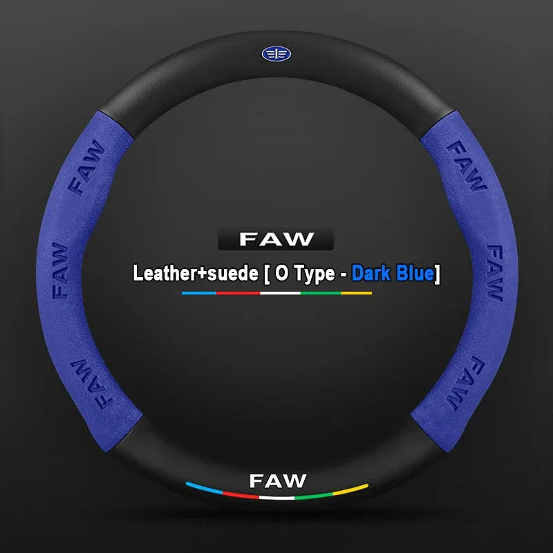 FAW Besturn Carbon Fiber Suede Steering Wheel Cover - O Blue-Leather+Suede
