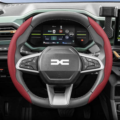 Dacia Breathable Leather Steering Wheel Cover - Oval Shape / 2-Piece Set / Red
