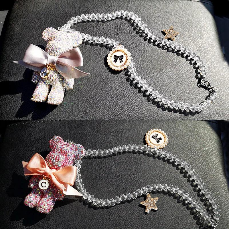 Diamond Crystal Bow Bear Car Mirror Pendant - Bling Auto Ornament