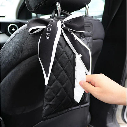 Silk Ribbon Bowknot Car Headrest Tissue Holder - Hanging Towel Bag