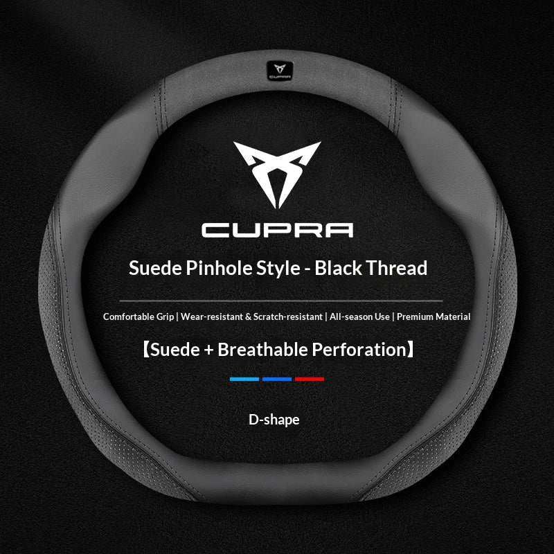 Cupra Suede and Leather Steering Wheel Cover - Round Shape / Suede Black