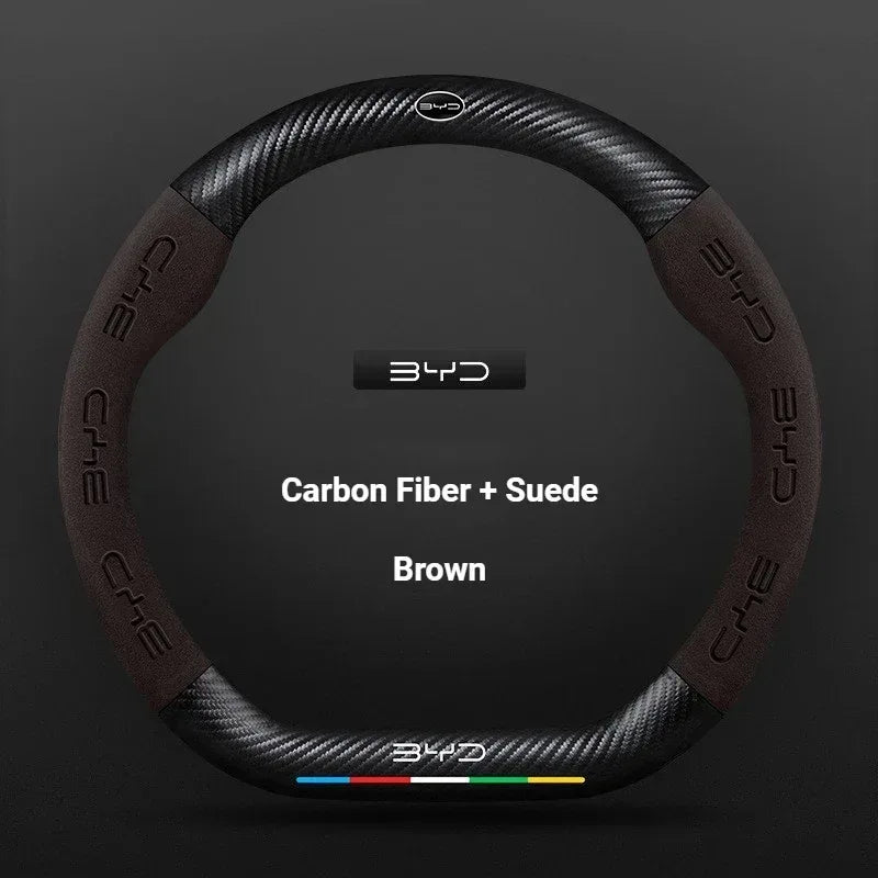 BYD Carbon Fiber Leather Steering Wheel Cover - D Coffee Carbon+Suede