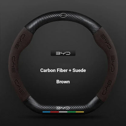 BYD Carbon Fiber Leather Steering Wheel Cover - D Coffee Carbon+Suede