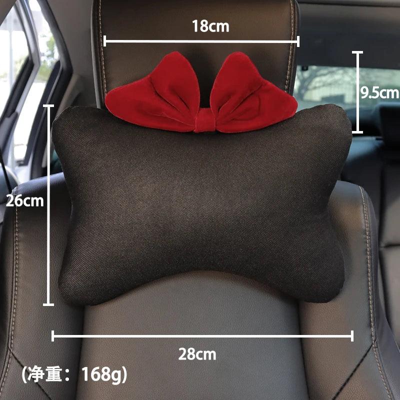 Ice Silk Car Neck Pillow Red Bow Design Universal Headrest Support