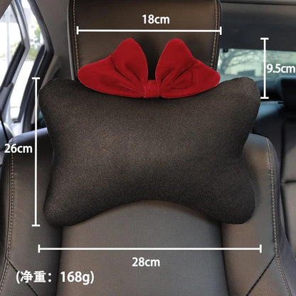 Ice Silk Car Neck Pillow Red Bow Design Universal Headrest Support