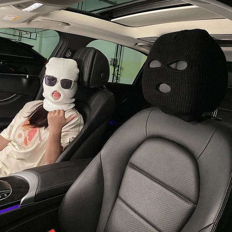 3-Hole Funny Car Seat Headrest Cover – Full Face Ski Mask Design - White