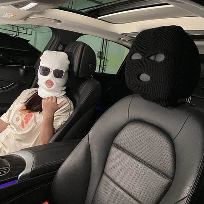 3-Hole Funny Car Seat Headrest Cover – Full Face Ski Mask Design - White