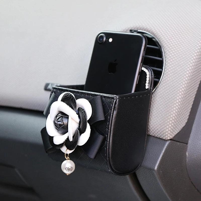 Crystal Diamond Camellia Car Vent Organizer Phone Holder Trash Box