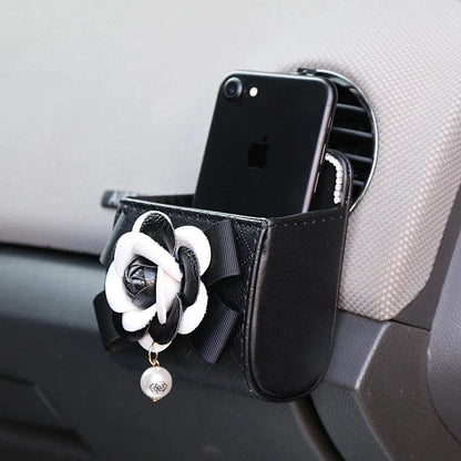 Crystal Diamond Camellia Car Vent Organizer Phone Holder Trash Box