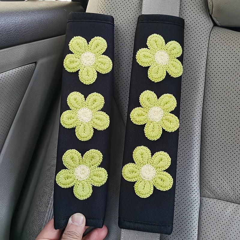 Ice Silk Pink Flower Seat Belt Shoulder Pads - 2pcs Car Safety Set