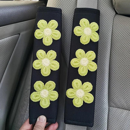 Ice Silk Pink Flower Seat Belt Shoulder Pads - 2pcs Car Safety Set